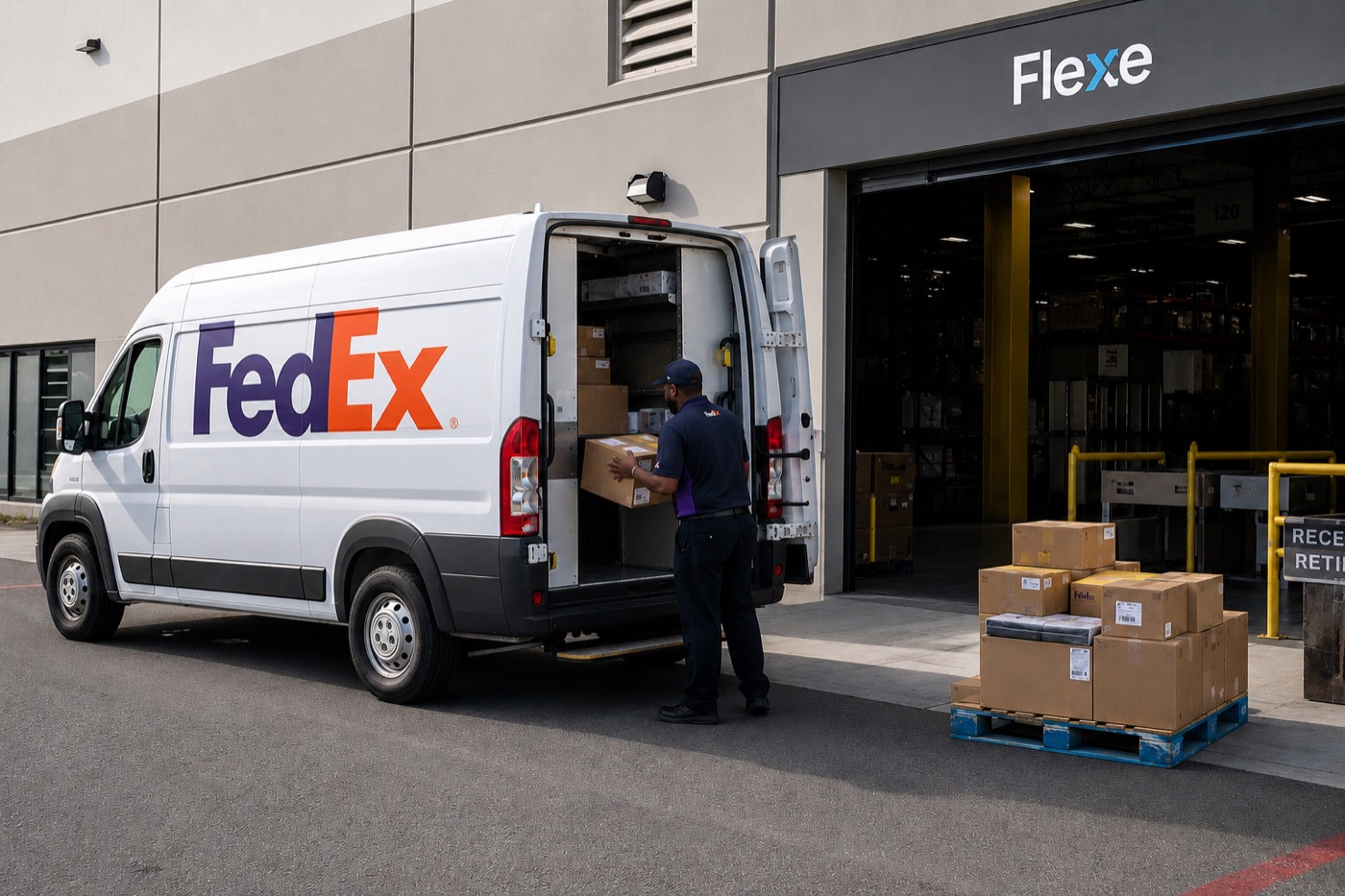 Driver unloading packages from a delivery van at a local business
