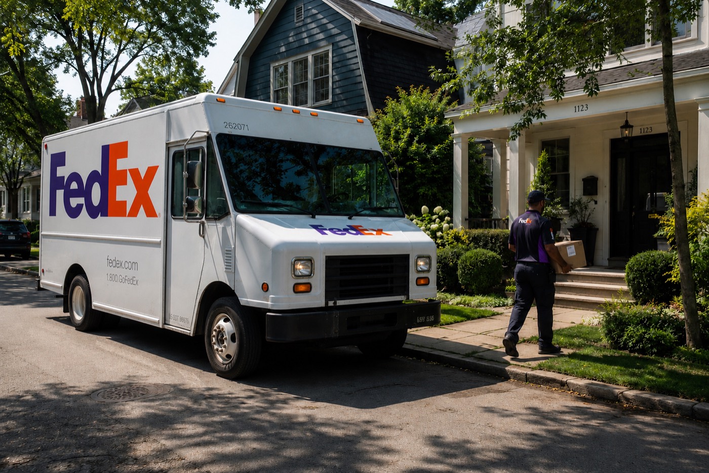 Step van parked curbside while a driver delivers a package to a front door